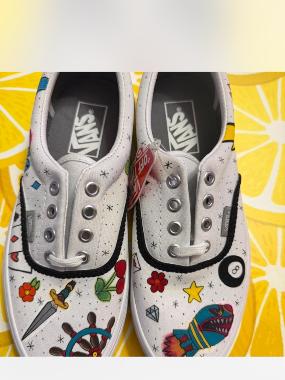 🦋Vans Kids White Canvas Slip-On Sneakers with Colorful Tattoo Art